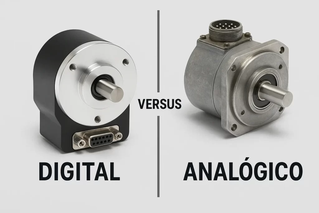 A diferença entre encoder e resolver representada por uma imagem com ambos os dispositivos lado a lado